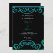 Invitation Mariage Art Déco Fatigué Noir, Vert & Bleu (Devant / Derrière)