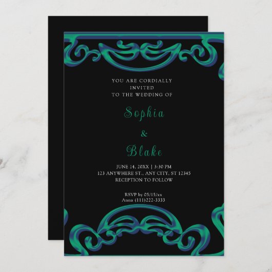 Invitation Mariage Art Déco Fatigué Noir, Vert & Bleu (Devant / Derrière)