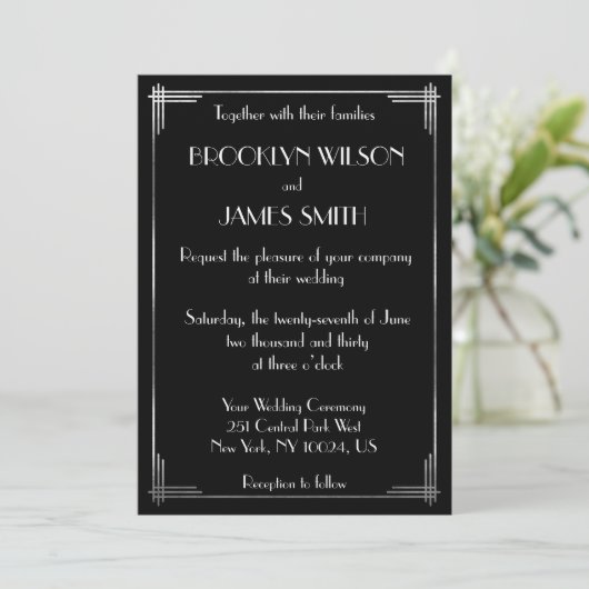 Invitation Mariage Art Déco Gatsby Argent (Debout devant)