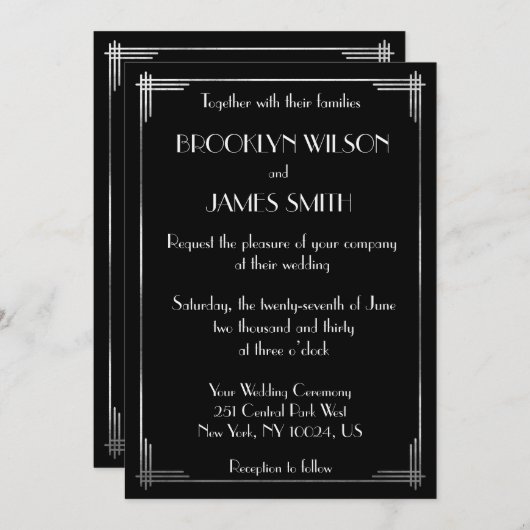 Invitation Mariage Art Déco Gatsby Argent (Devant / Derrière)