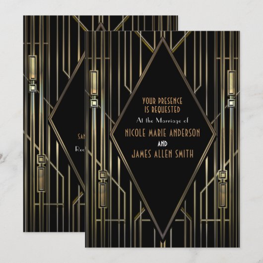 Invitation Mariage Art Déco Gatsby Glamour Années 20 Noir & O (Devant / Derrière)