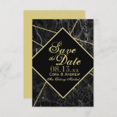 Invitation Mariage Art Déco Géométrique Marble et Or Save the (Devant / Derrière)