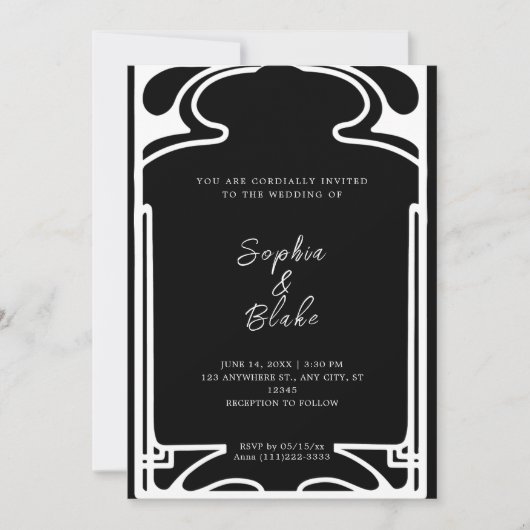 Invitation Mariage Art déco géométrique noir et blanc (Devant)