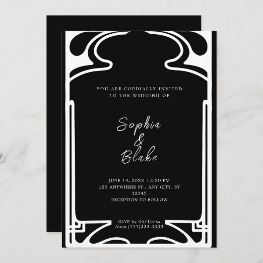 Invitation Mariage Art déco géométrique noir et blanc (Devant / Derrière)