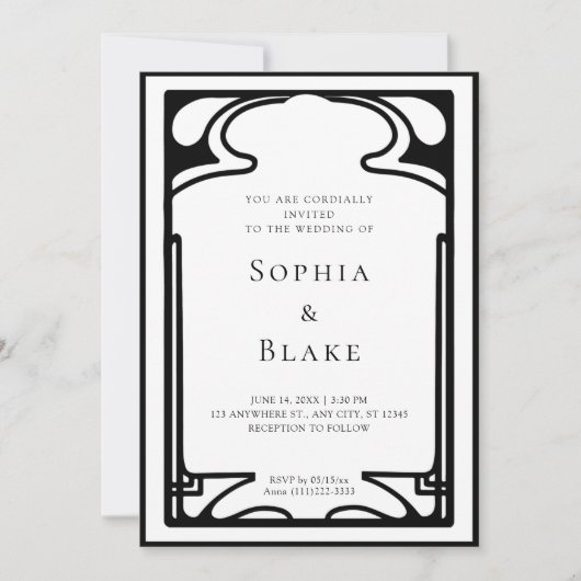 Invitation Mariage Art déco géométrique noir et blanc (Devant)