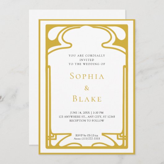 Invitation Mariage Art déco géométrique or et blanc (Devant / Derrière)