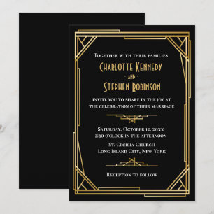 Invitation Mariage Art Déco Great Gatsby Élégant Noir Or