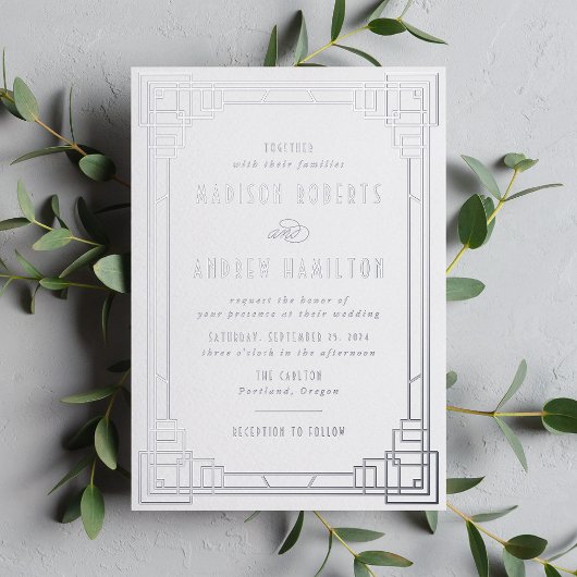 Invitation Mariage Art Déco moderne Silver Foil