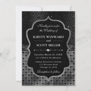 Invitation Mariage Art Déco Noir Argenté Glamour