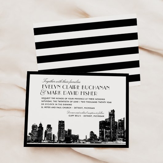 Invitation Mariage Art déco noir de Detroit Skyline
