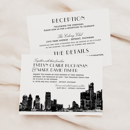 Invitation Mariage Art déco noir de Detroit Skyline