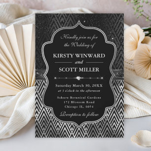 Invitation Mariage Art Déco Noir et Argent Glamour