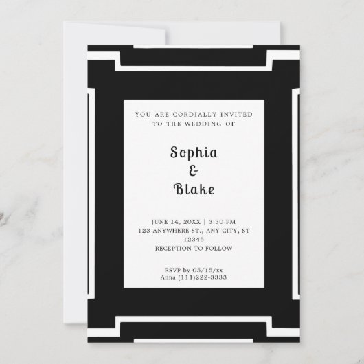 Invitation Mariage Art déco noir et blanc (Devant)