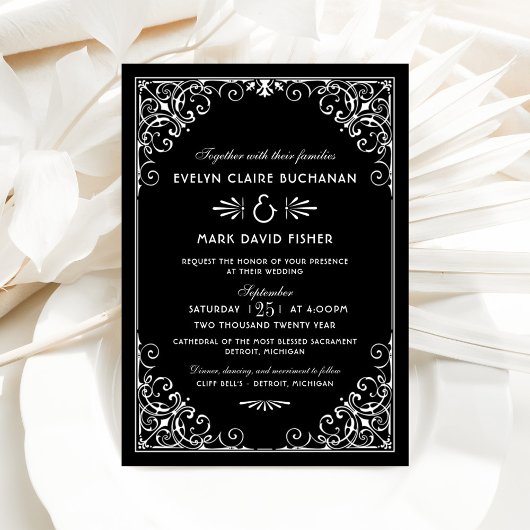 Invitation Mariage Art déco noir et blanc vintage
