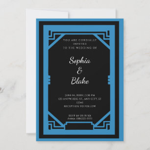 Invitation Mariage Art Déco Noir et Bleu Vintage