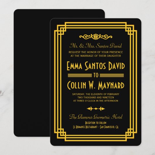 Invitation Mariage Art Déco Noir et Or (Devant / Derrière)