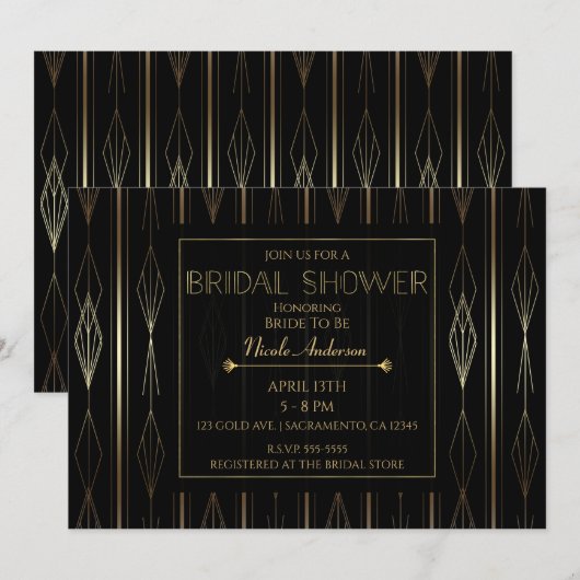 Invitation Mariage Art Déco Noir et Or (Devant / Derrière)