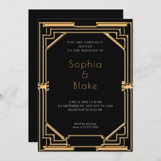 Invitation Mariage Art déco noir et or complexe (Devant / Derrière)