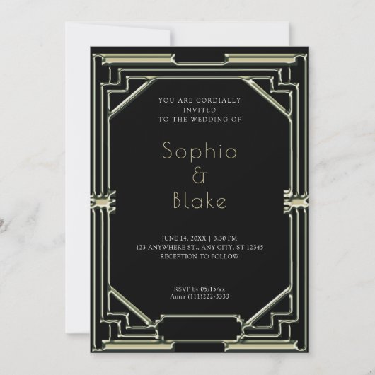 Invitation Mariage Art déco noir et vert complexe (Devant)