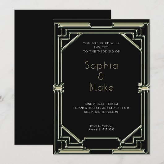 Invitation Mariage Art déco noir et vert complexe (Devant / Derrière)