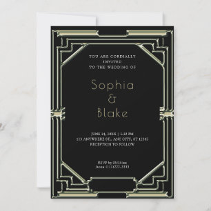 Invitation Mariage Art déco noir et vert complexe