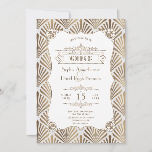 Invitation Mariage Art Déco Or Blanc Gatsby 1920 (Devant)