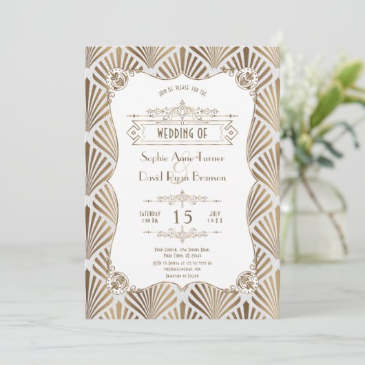 Invitation Mariage Art Déco Or Blanc Gatsby 1920  (Debout devant)