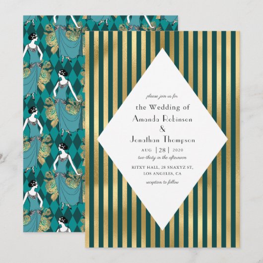 Invitation Mariage Art Déco Paris Turquoise et Or (Devant / Derrière)