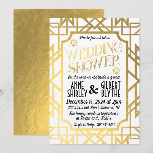 Invitation Mariage Art Déco pour couples Shower Gatsby feuill (Devant / Derrière)