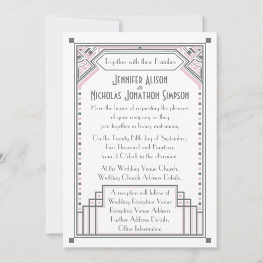 Invitation Mariage Art Déco Rose Pâle et Gris Gatsby (Devant)