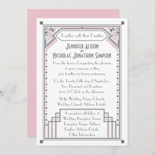 Invitation Mariage Art déco Rose rose et gris Gatsby (Devant / Derrière)
