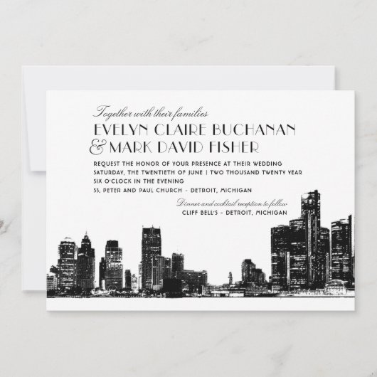Invitation Mariage Art déco Skyline de Détroit (Devant)