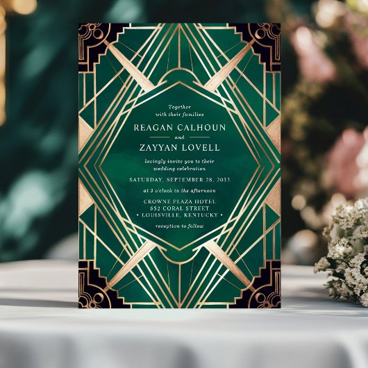 Invitation Mariage Art Déco Vert Émeraude et Or