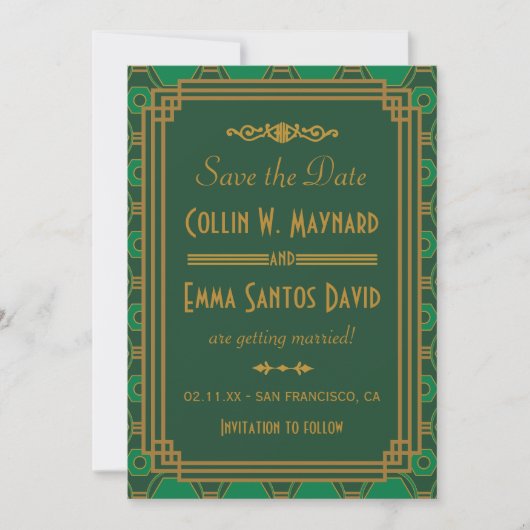 Invitation Mariage Art Déco Vert Enregistrer La Date (Devant)