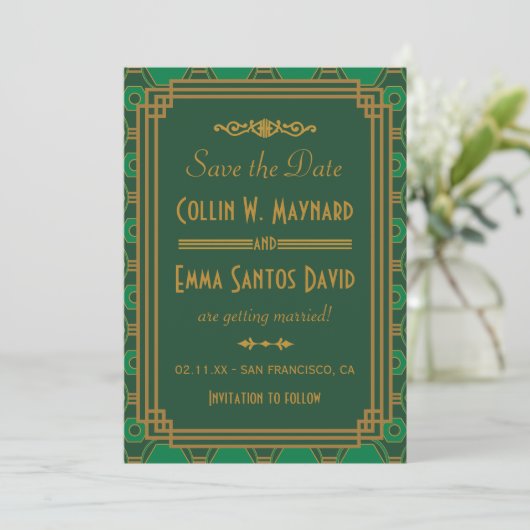 Invitation Mariage Art Déco Vert Enregistrer La Date (Debout devant)