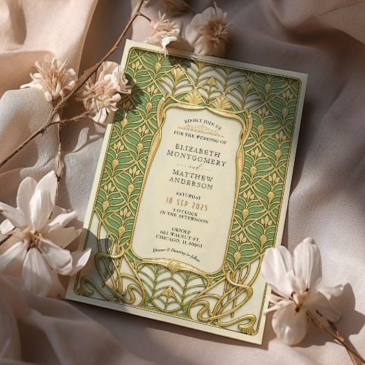 Invitation Mariage Art déco vert et or