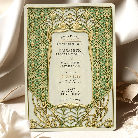 Invitation Mariage Art déco vert et or