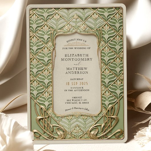 Invitation Mariage Art déco vert et or