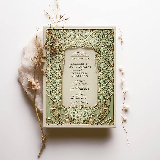 Invitation Mariage Art déco vert et or