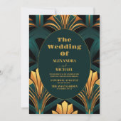Invitation Mariage Art déco vert et or (Devant)