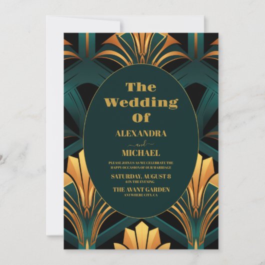 Invitation Mariage Art déco vert et or (Devant)
