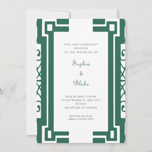 Invitation Mariage Art déco Vintage vert et blanc (Devant)
