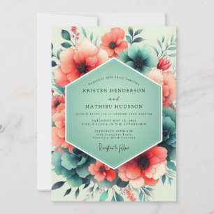 Invitation Mariage Art floral Corail Sarcelle