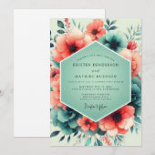 Invitation Mariage Art floral Corail Sarcelle (Devant / Derrière)