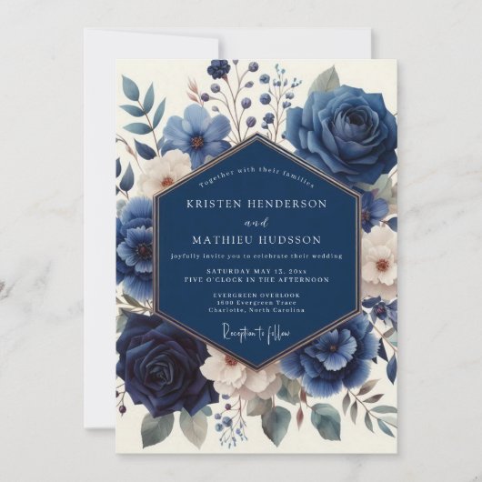 Invitation Mariage Art Floral Navy (Devant)