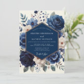 Invitation Mariage Art Floral Navy (Debout devant)