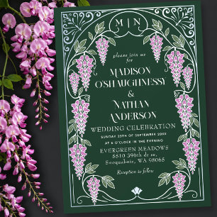 Invitation Mariage Art Nouveau Argent Fleurs de Glycine Roses