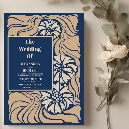 Invitation Mariage Art nouveau bleu classique