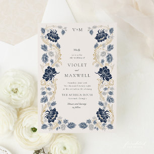 Invitation Mariage Art Nouveau Bleu Nuit Or Floral