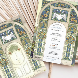 Invitation Mariage Art Nouveau Bleu, Or, Arche Verte